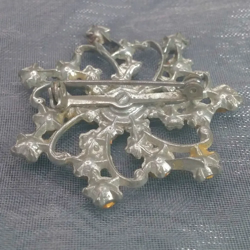 Vintage Silver Tone Flower Brooch 1970s Rhinestone Pin Starburst Retro Costume